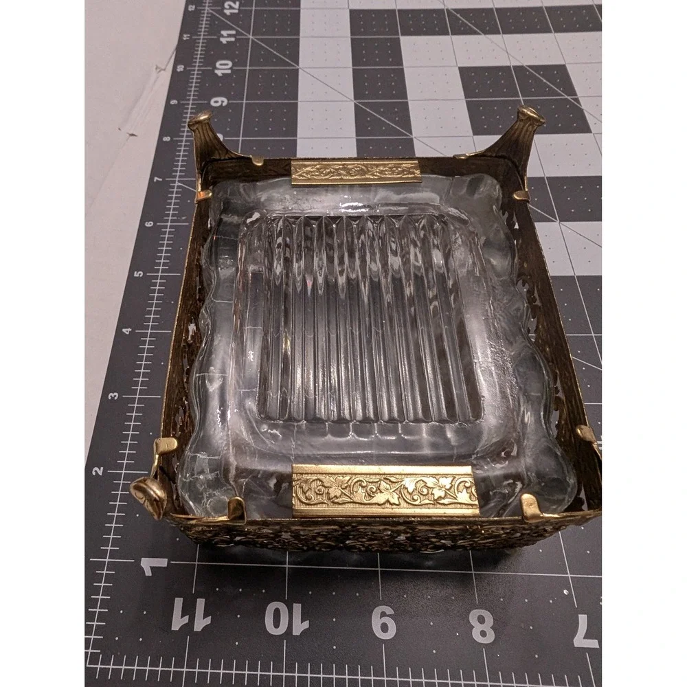 Hollywood Regancy Romance Style Crystal Glass Brass footed lidded dish unbranded